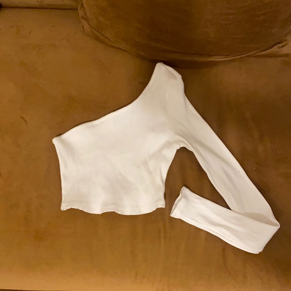 One Shoulder Single Sleeve White Ribbed Crop Top XS